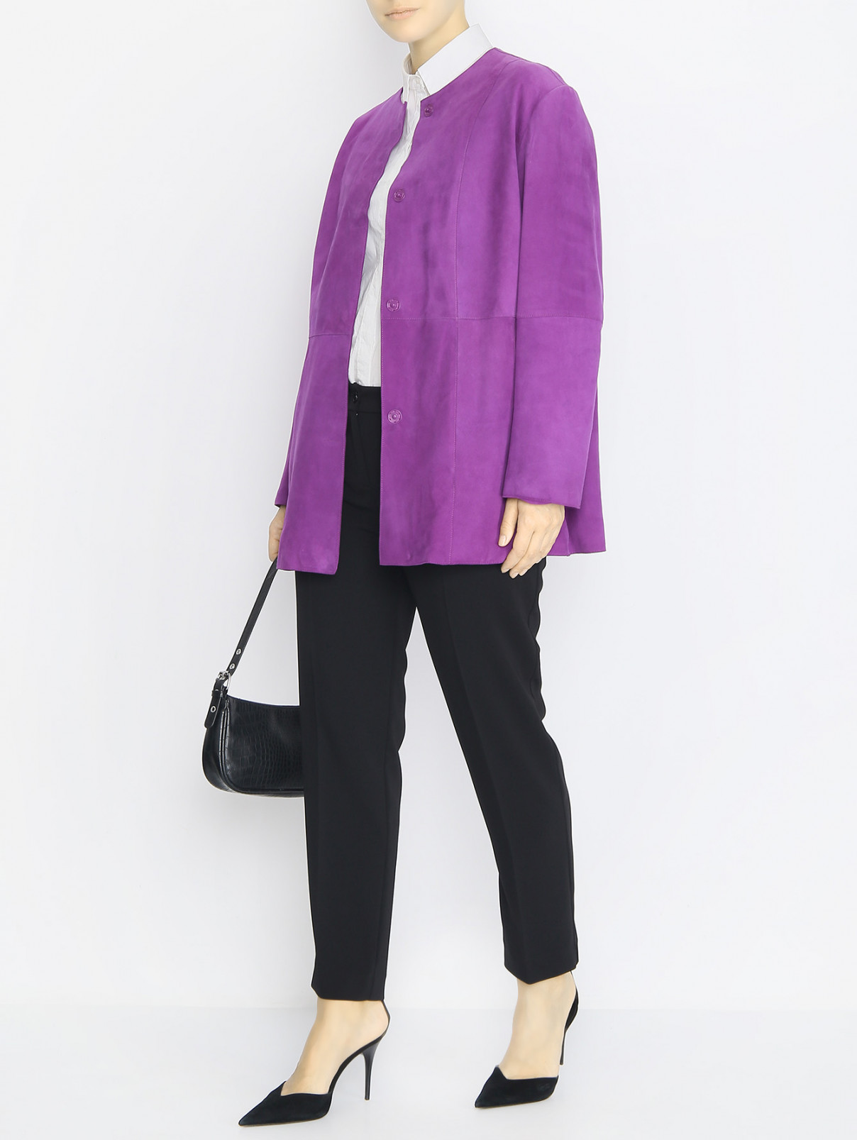 Куртка из замши с карманами Marina Rinaldi  –  МодельОбщийВид  – Цвет:  Фиолетовый