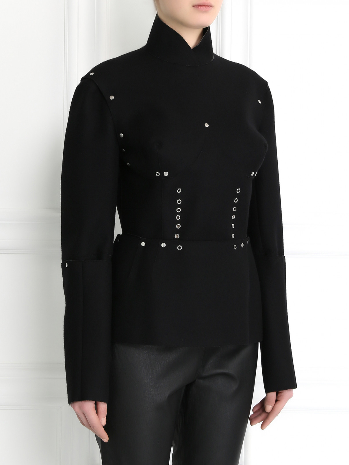 Топ из шерсти с отстегивающимися рукавами и баской Jean Paul Gaultier  –  Модель Верх-Низ  – Цвет:  Черный