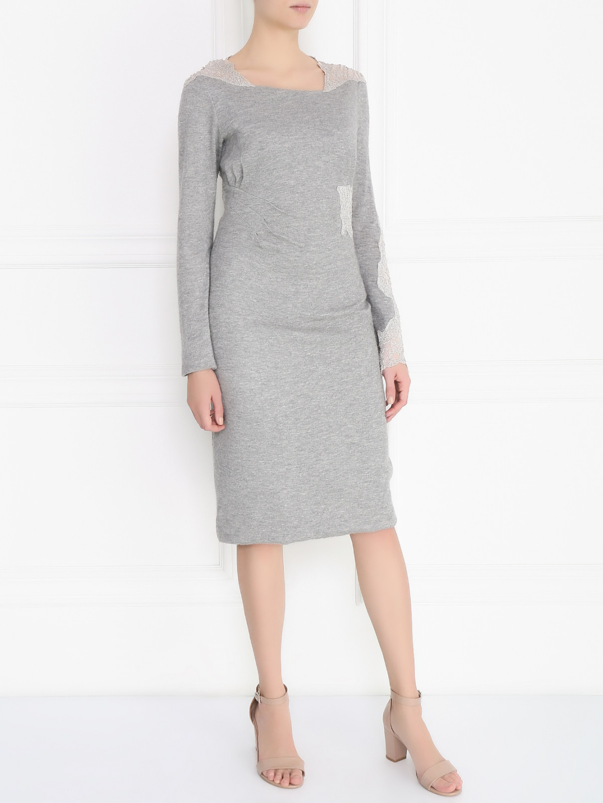 Платье-миди с кружевными вставками Ermanno Scervino  –  Модель Общий вид  – Цвет:  Серый