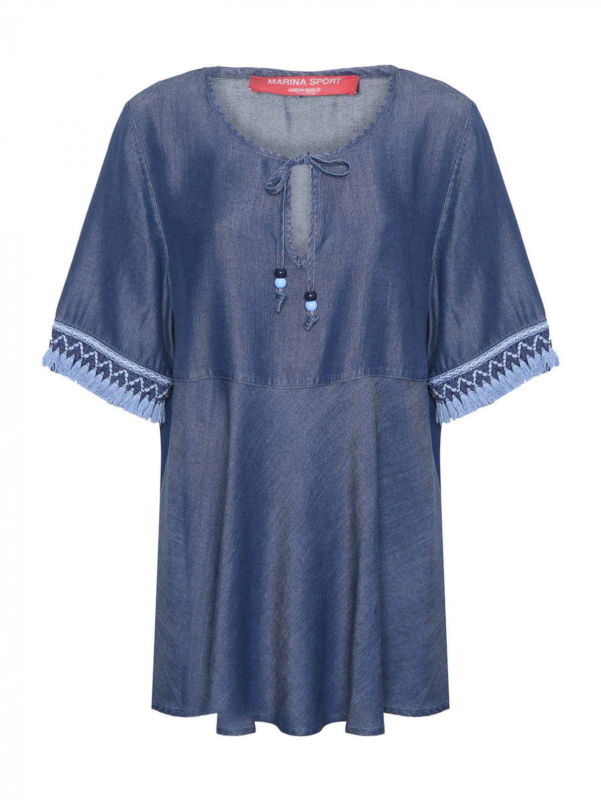 Блуза в бохо стиле с бахромой Marina Rinaldi  –  Общий вид  – Цвет:  Синий