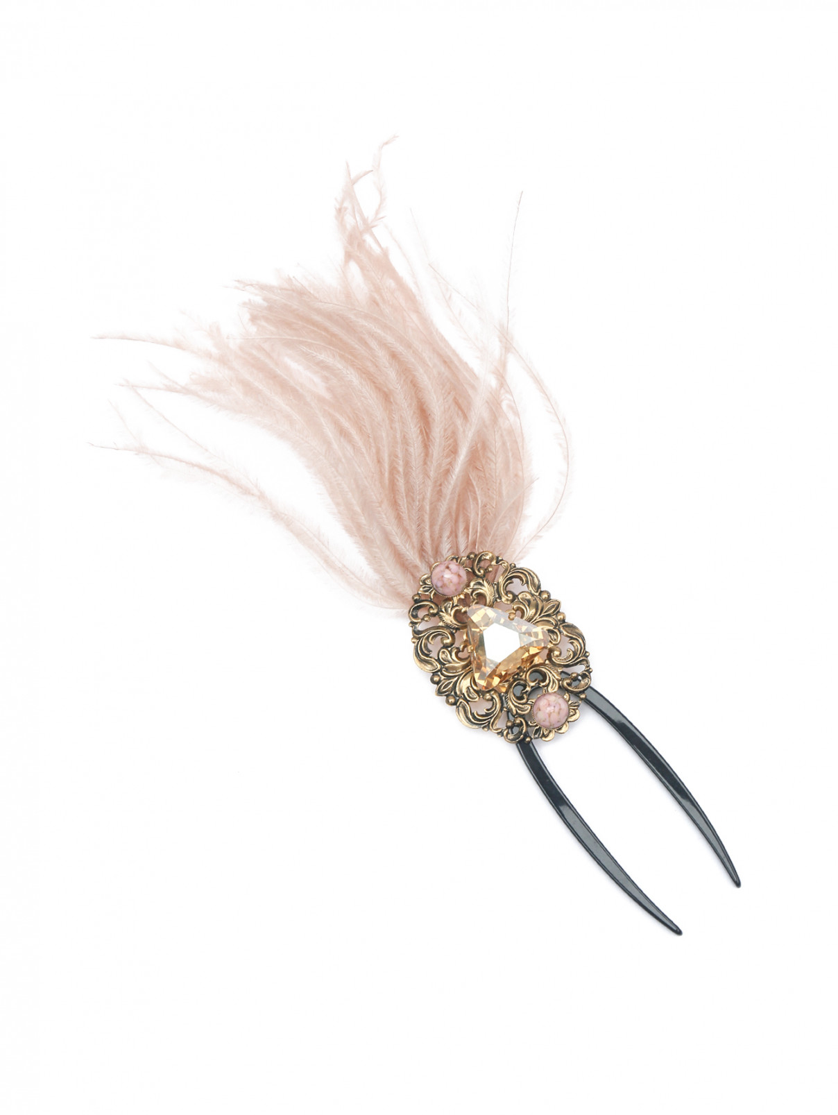 Заколка для волос декорированная перьями и кристаллами Thot Gioielli  –  Общий вид  – Цвет:  Розовый