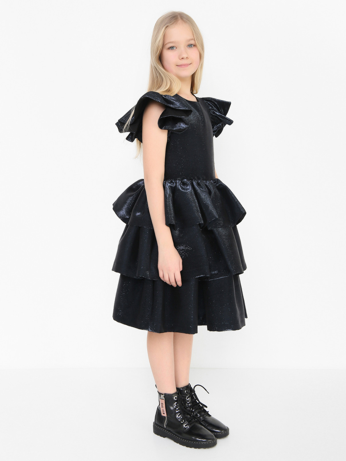 Платье с короткими рукавами и воланами Elie Saab  –  МодельВерхНиз  – Цвет:  Синий