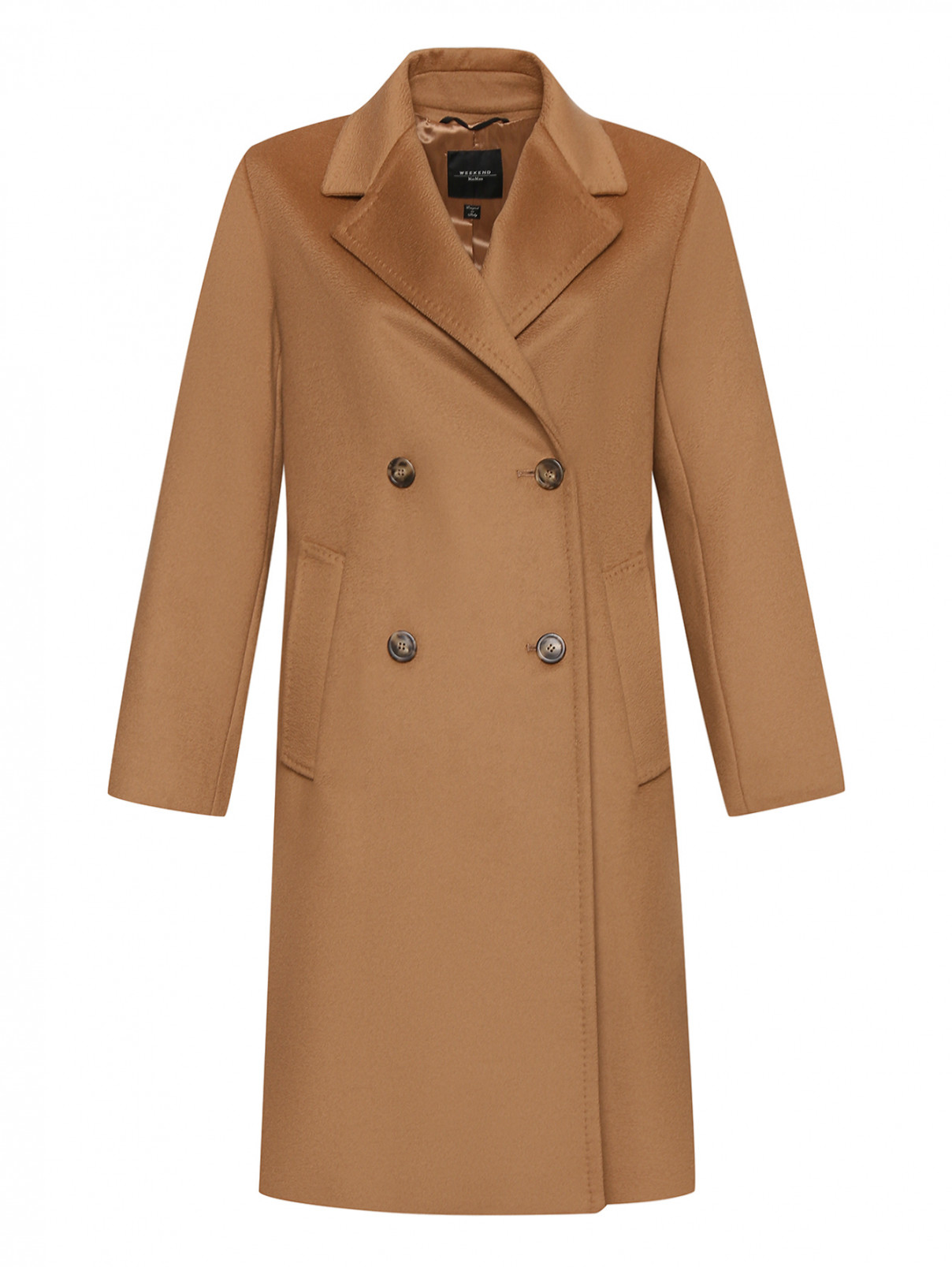 Двубортное пальто из шерсти с карманами Weekend Max Mara  –  Общий вид  – Цвет:  Коричневый