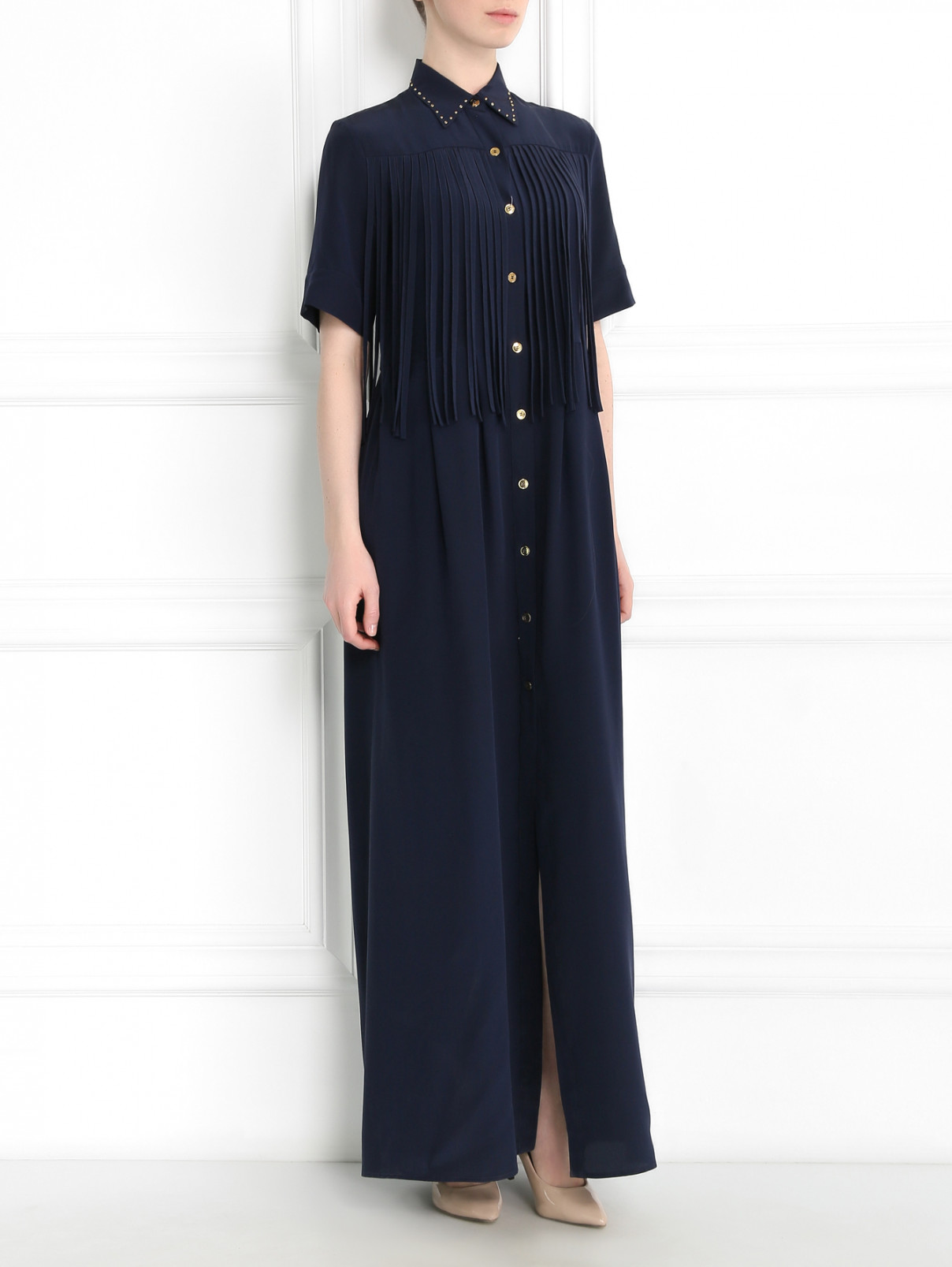 Платье-рубашка из шелка с декором Marcobologna  –  Модель Общий вид  – Цвет:  Синий