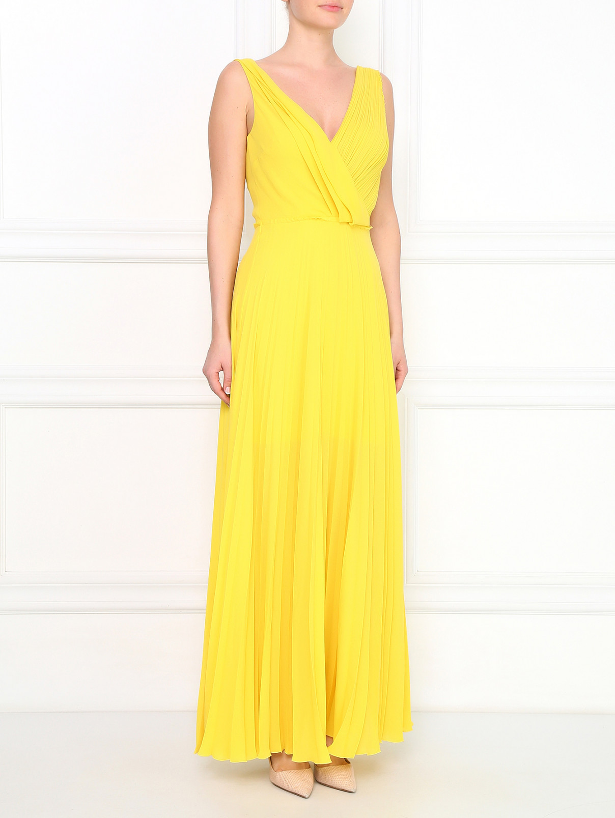 Платье-макси с плиссировкой и драпировками Cedric Charlier  –  Модель Общий вид  – Цвет:  Желтый