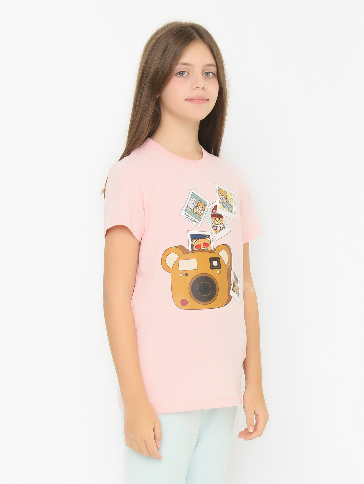 Трикотажная футболка с принтом Moschino  –  МодельВерхНиз  – Цвет:  Розовый