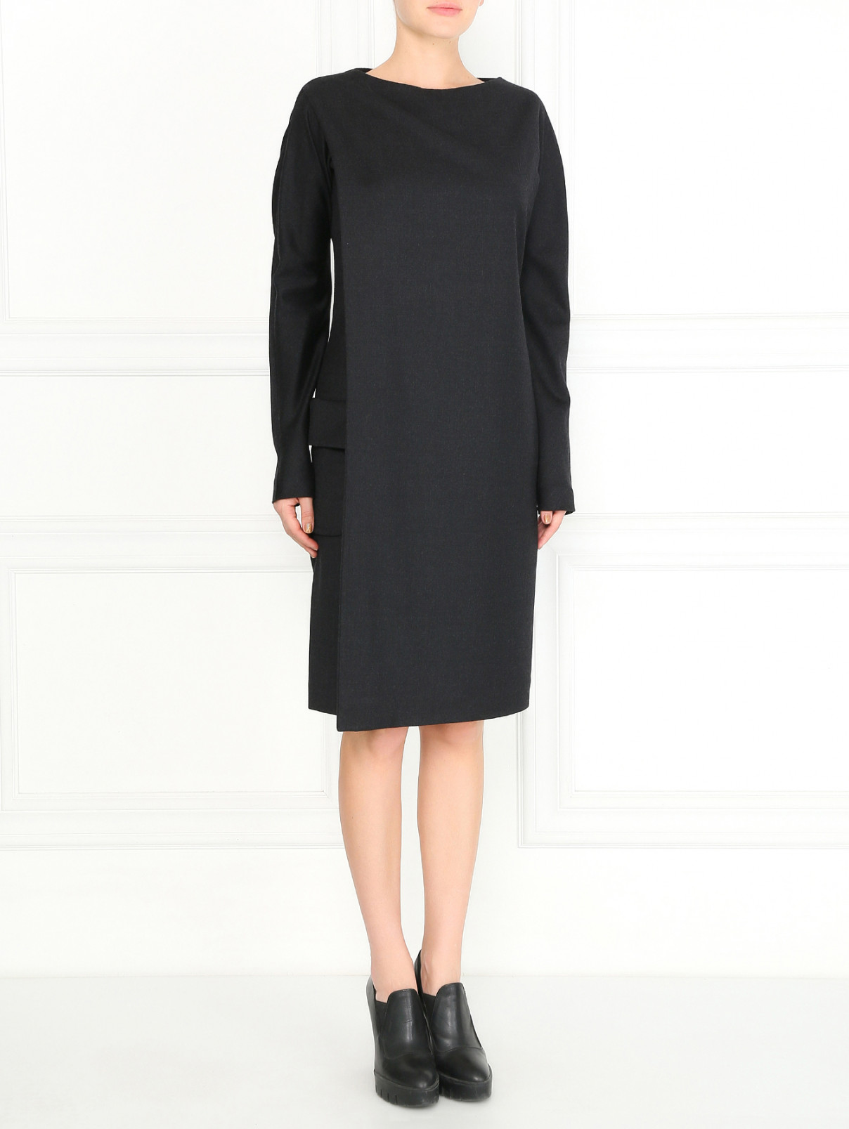 Платье прямого кроя из шерсти с накладным карманом Jean Paul Gaultier  –  Модель Общий вид  – Цвет:  Серый