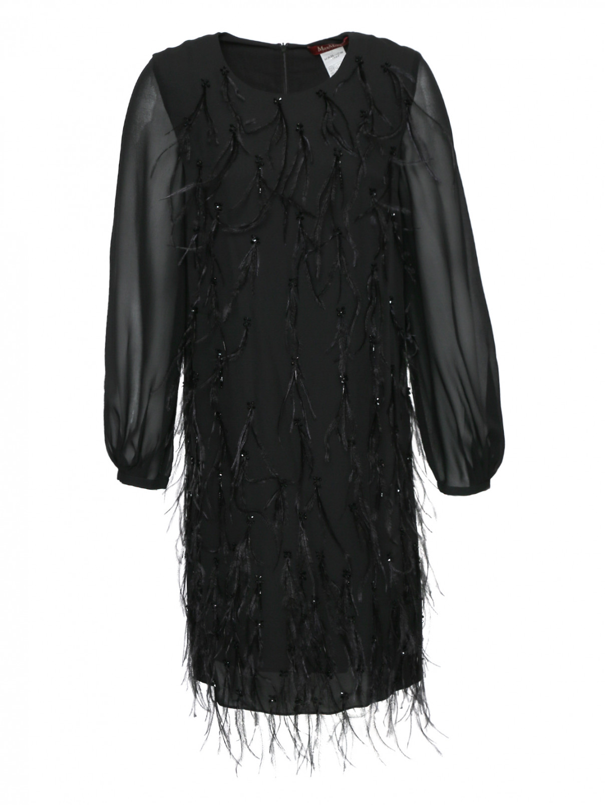 Платье-миди из шелка декорированное перьями Max Mara  –  Общий вид  – Цвет:  Черный
