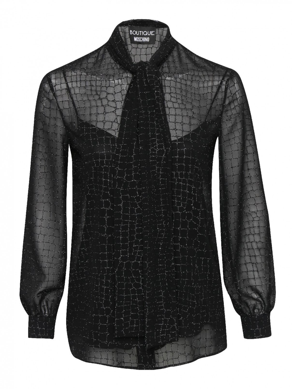 Блуза с бантом и узором Moschino Boutique  –  Общий вид  – Цвет:  Черный