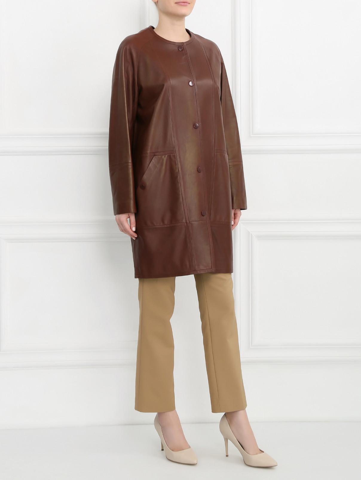 Пальто из кожи Yves Salomon  –  Модель Общий вид  – Цвет:  Коричневый