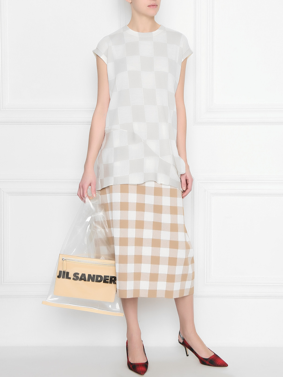 Топ из шерсти, с узором клетка Jil Sander  –  МодельОбщийВид  – Цвет:  Бежевый