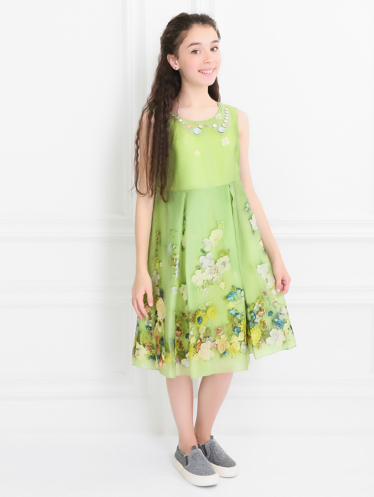 Платье из шелка с узором и декоративным воротником MiMiSol  –  Модель Общий вид  – Цвет:  Зеленый