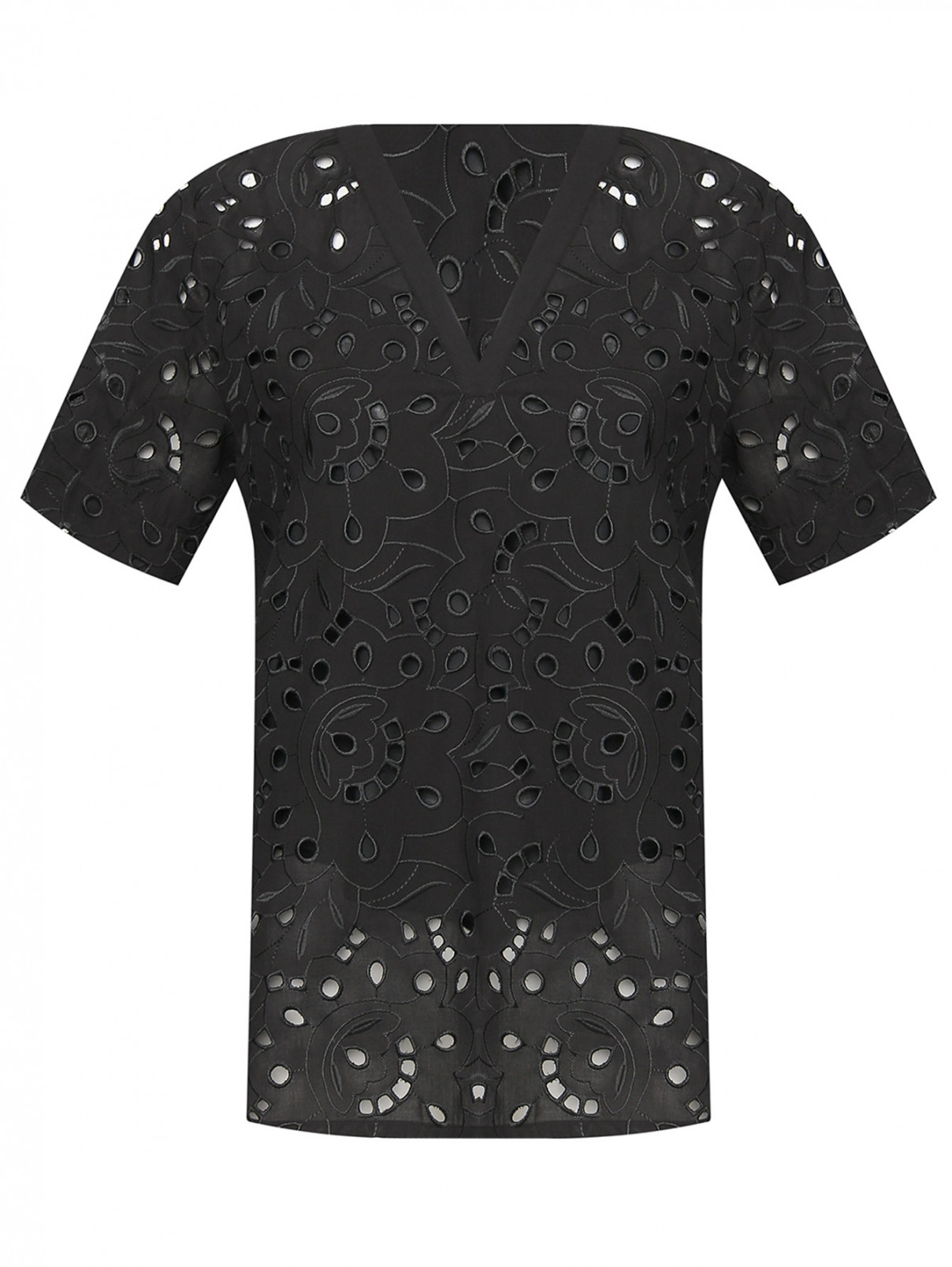 Блуза из хлопка с вышивкой ришелье Marina Rinaldi  –  Общий вид  – Цвет:  Черный