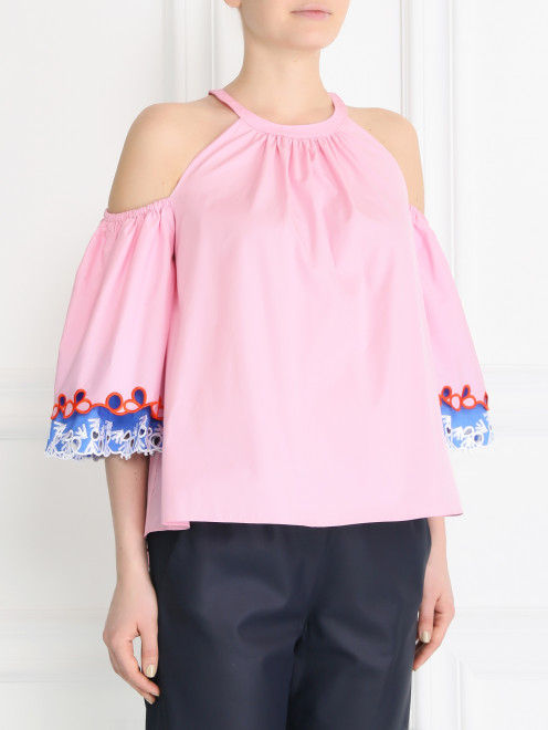 Укороченная блуза из хлопка с контрастной отделкой - Модель Верх-Низ