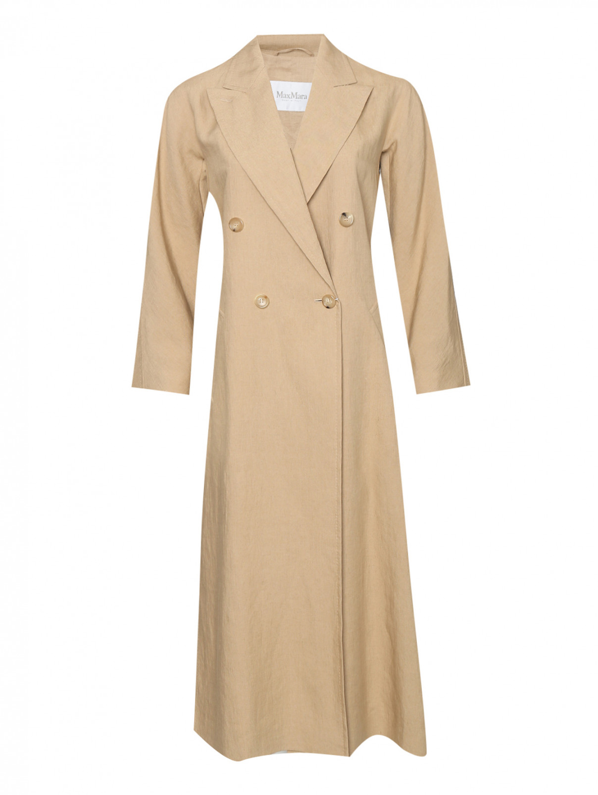 Двубортное пальто изо льна с карманами Max Mara  –  Общий вид  – Цвет:  Бежевый