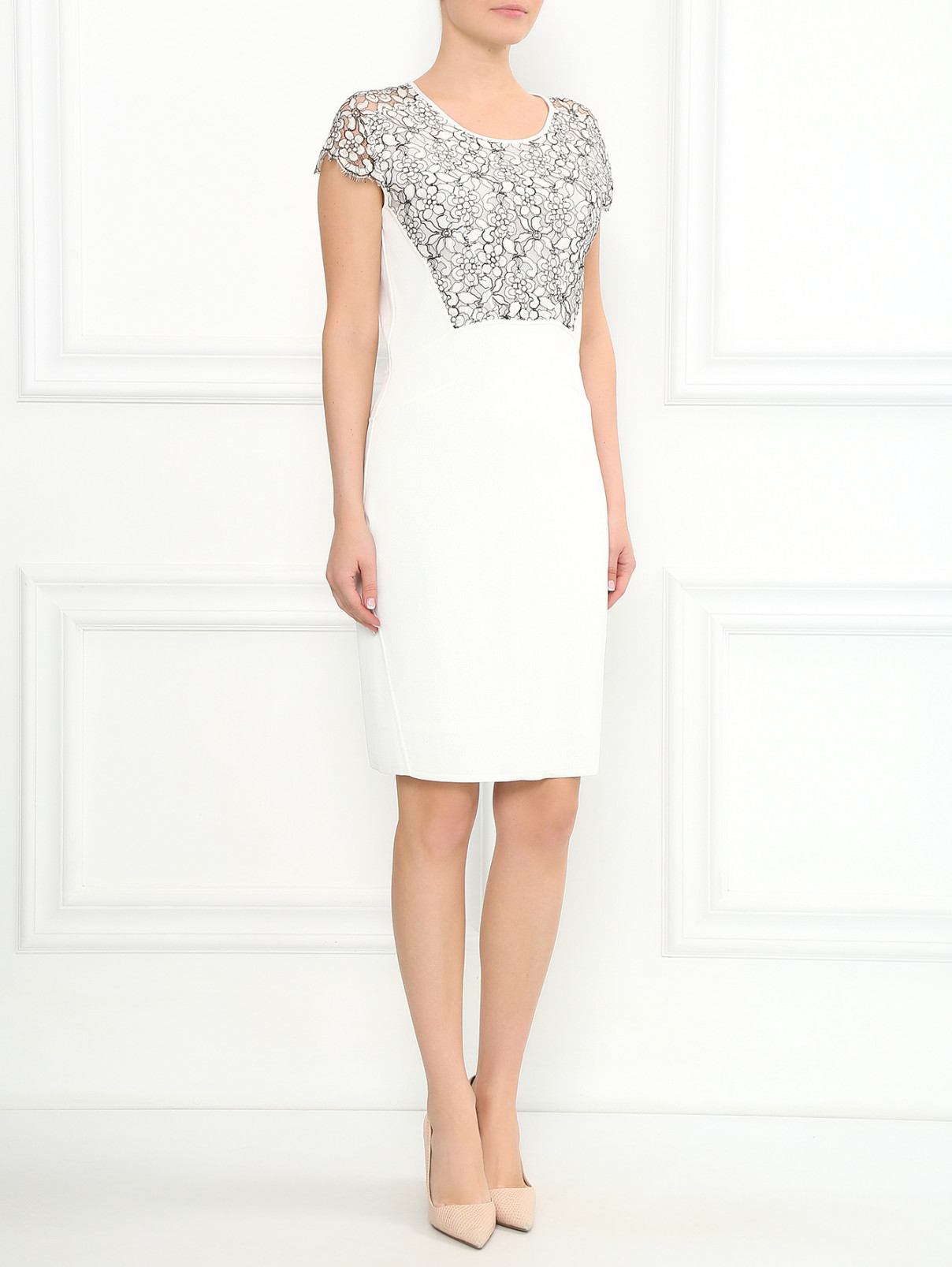 Трикотажное платье-футляр с вставкой из кружева Lil pour l'Autre  –  Модель Общий вид  – Цвет:  Белый