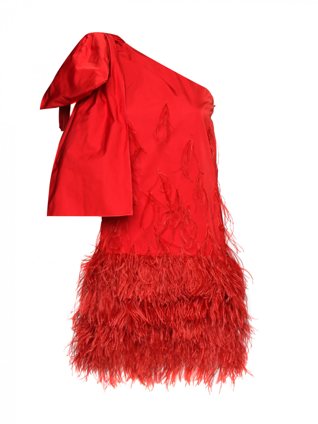 Платье-мини декорированное перьями N21  –  Общий вид  – Цвет:  Красный