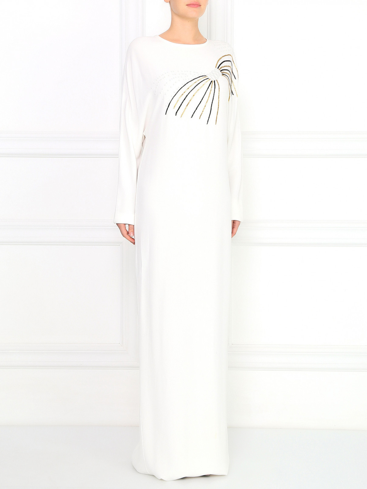 Платье-макси прямого силуэта, расшитое стеклярусом Daniele Carlotta  –  Модель Общий вид  – Цвет:  Белый