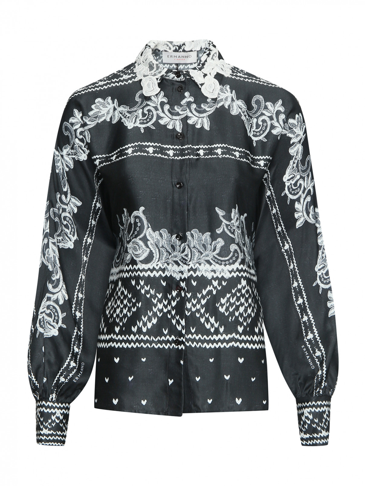 Блуза с узором и кружевом свободного кроя Ermanno Firenze  –  Общий вид  – Цвет:  Черный