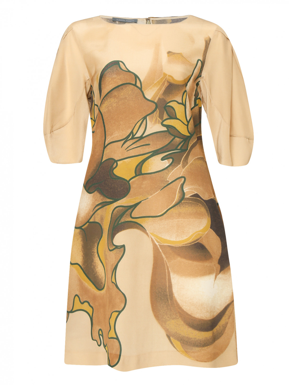 Платье из шелка свободного кроя с узором Alberta Ferretti  –  Общий вид  – Цвет:  Бежевый