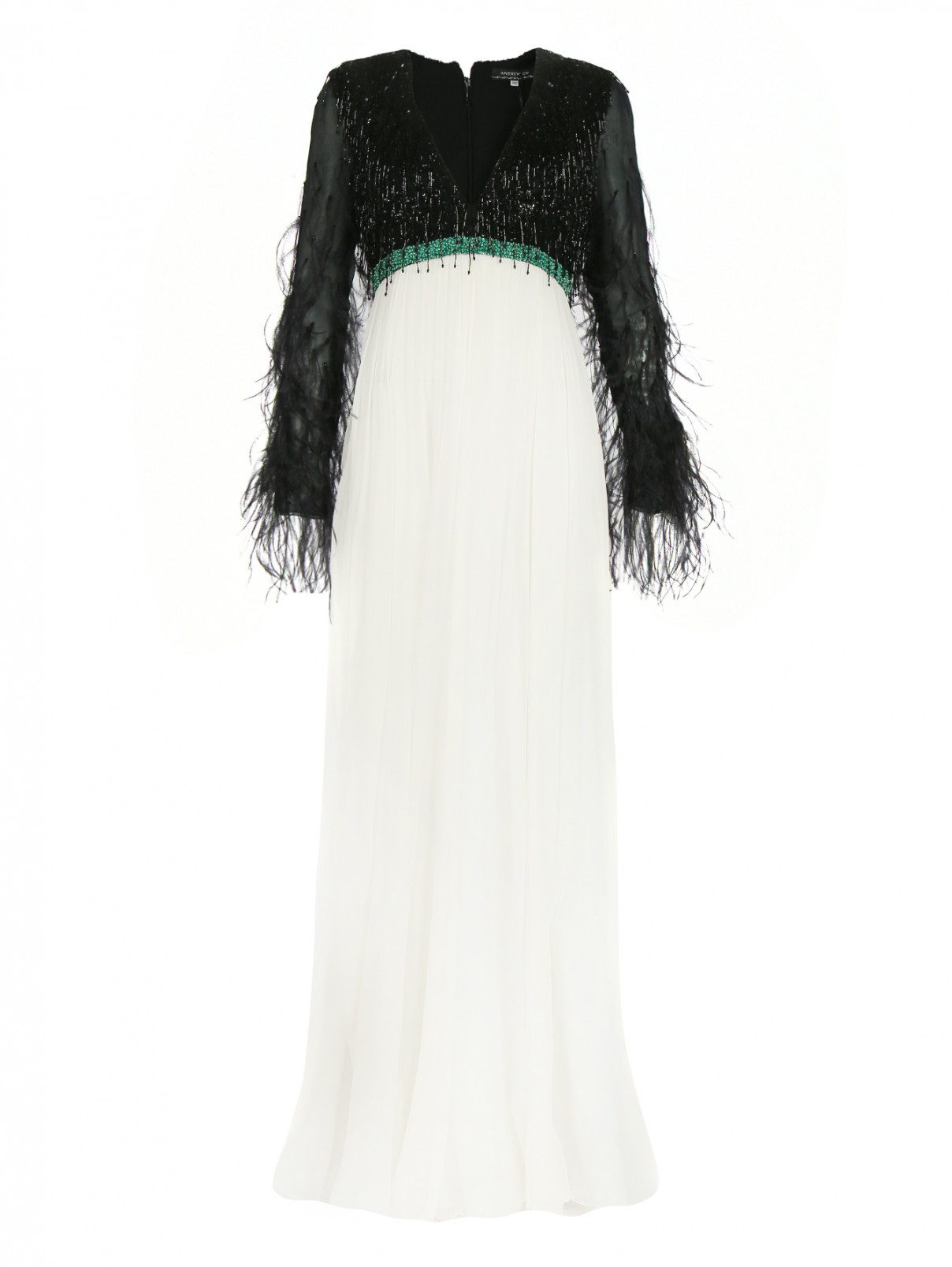 Платье-макси декорированное перьями страуса Andrew GN  –  Общий вид  – Цвет:  Мультиколор