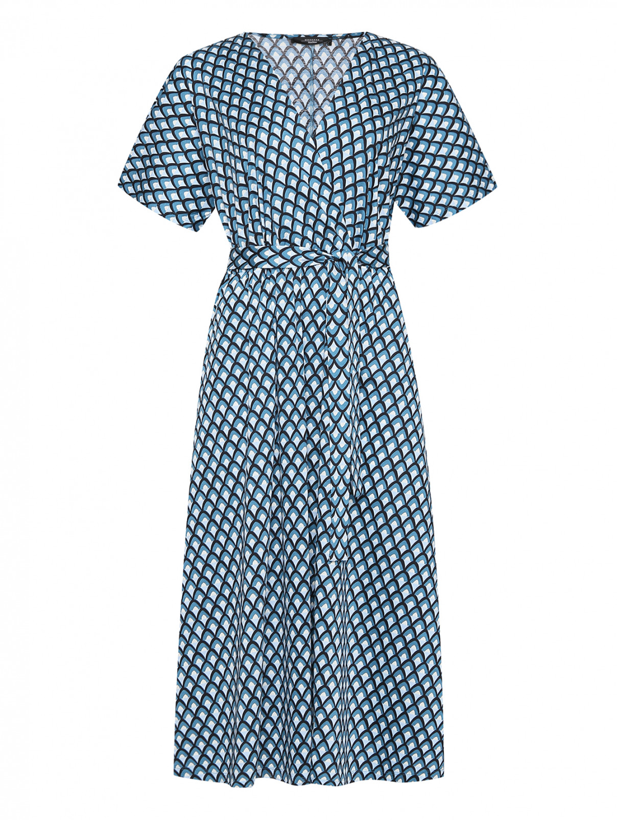 Трикотажное платье-миди с V-образным вырезом с узором Weekend Max Mara  –  Общий вид  – Цвет:  Синий