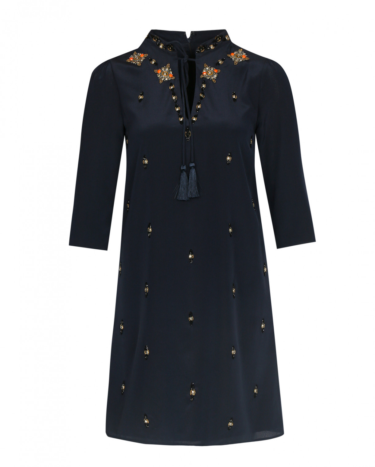 Платье из шелка прямого кроя декорированное бисером Mo&Co  –  Общий вид  – Цвет:  Синий