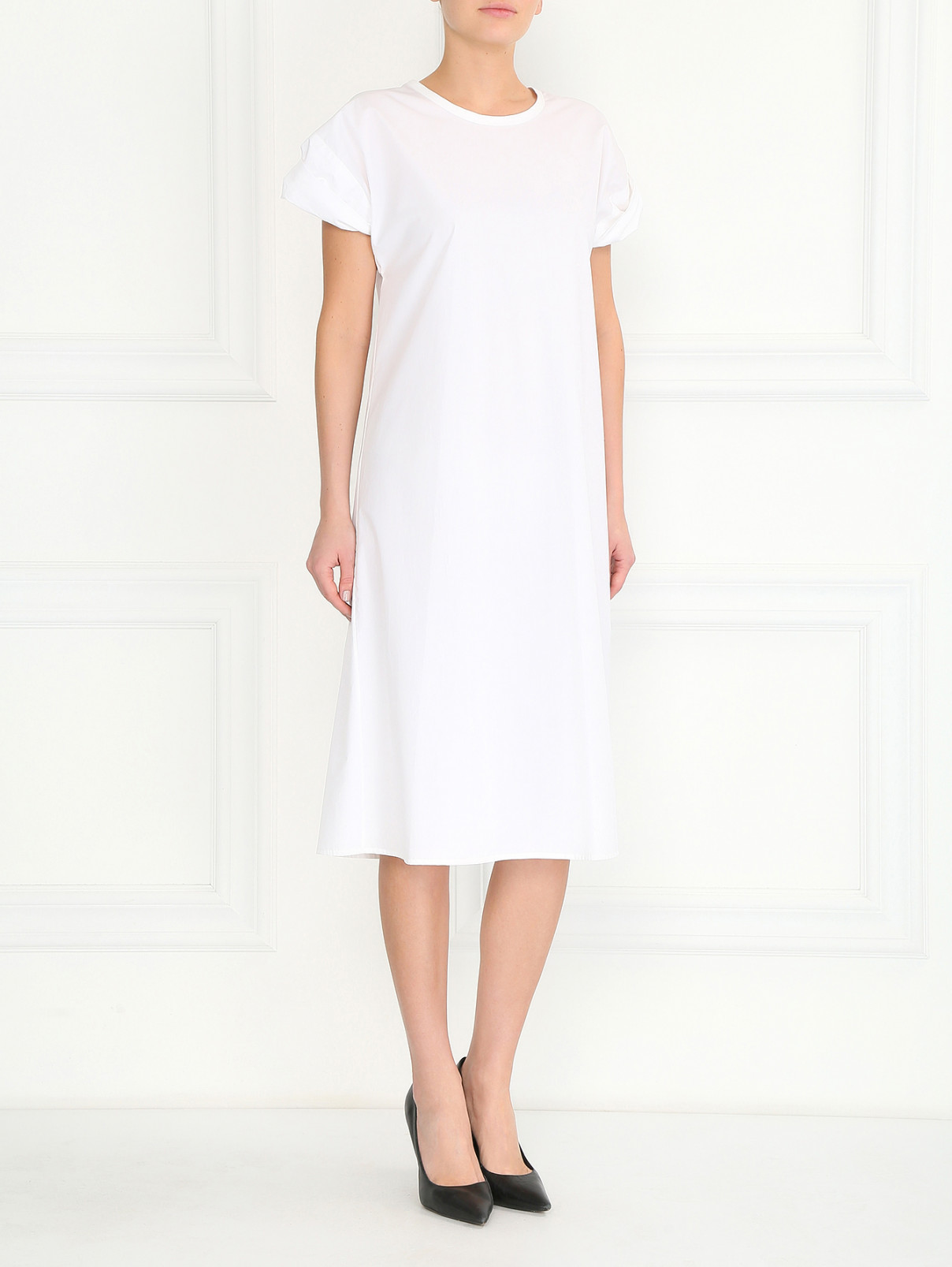 Платье-миди из хлопка Jil Sander  –  Модель Общий вид  – Цвет:  Белый