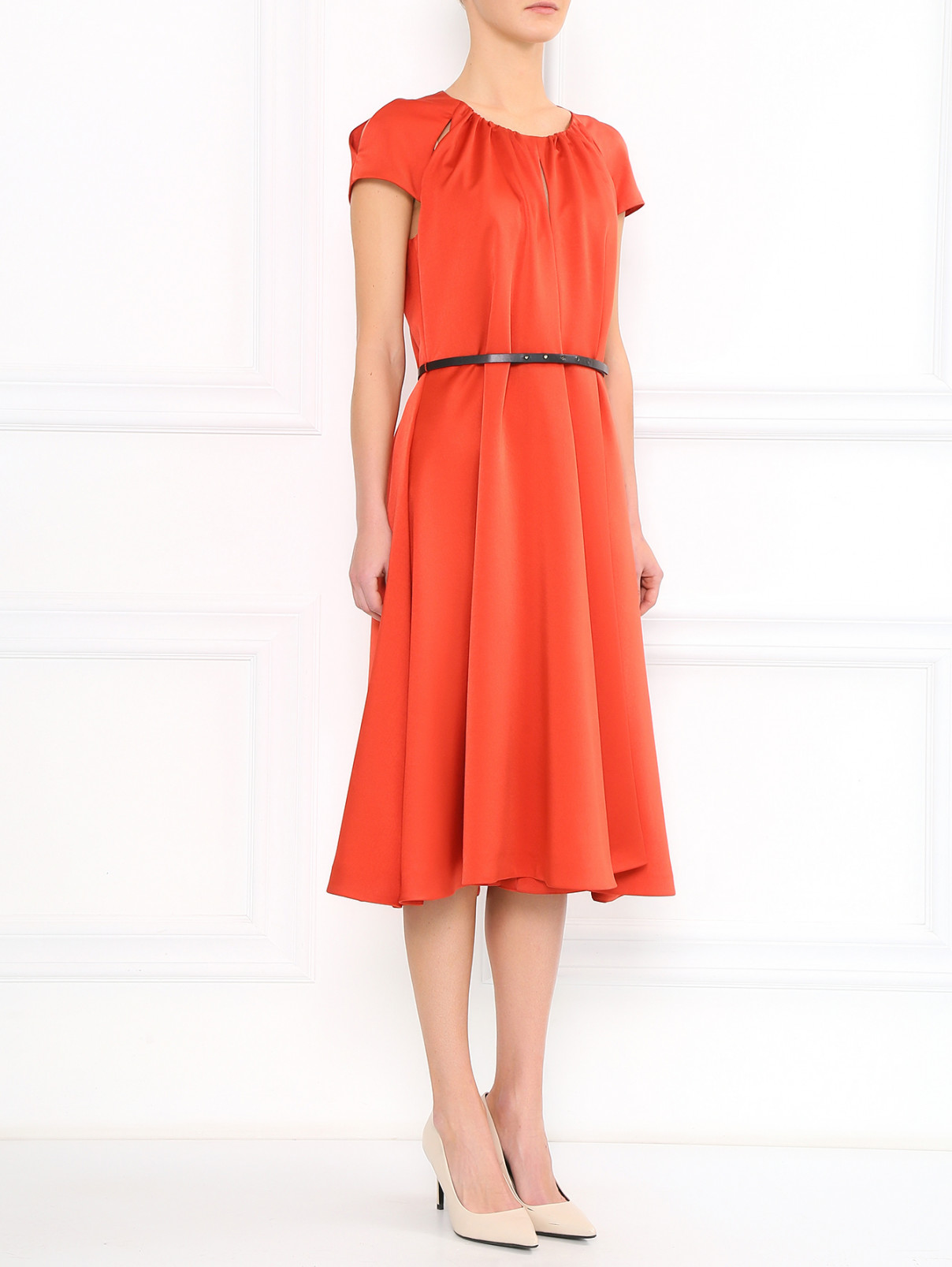 Платье-миди с ремнем Boss  –  Модель Общий вид  – Цвет:  Красный