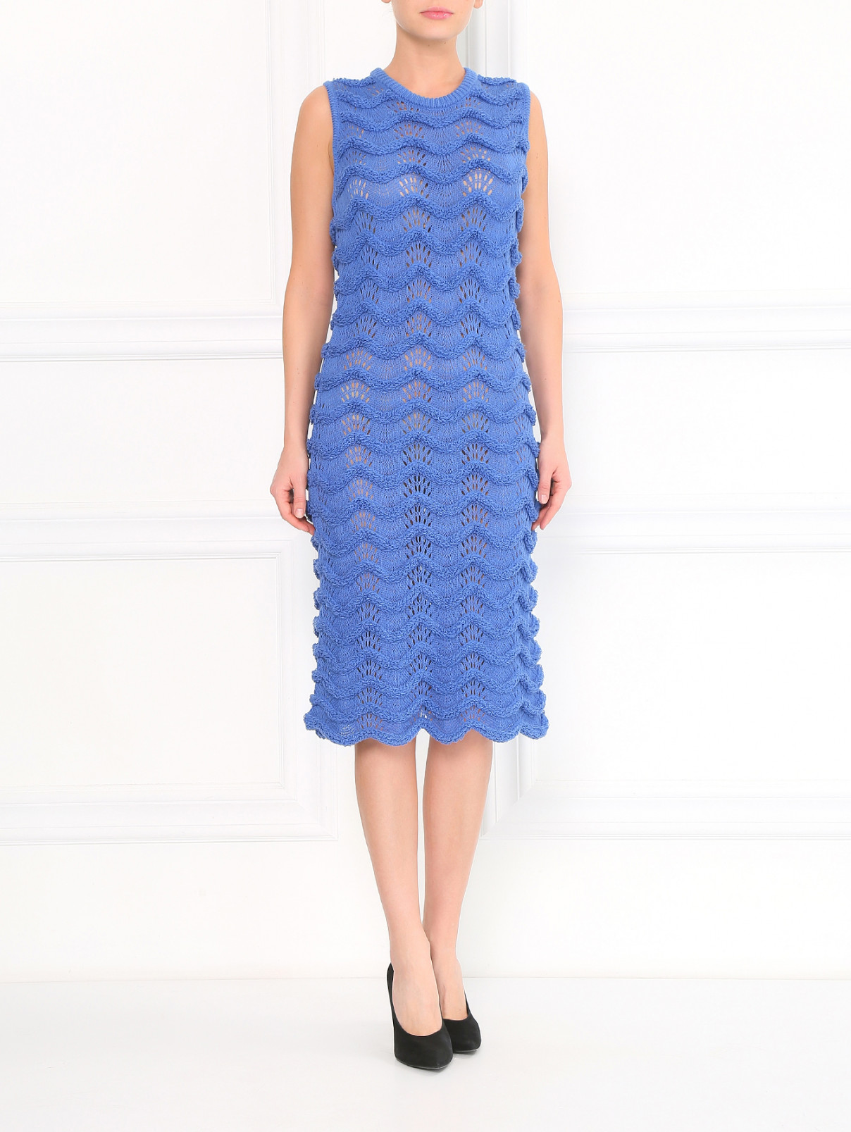 Трикотажное платье-футляр из хлопка крупной фактурной вязки Kenzo  –  Модель Общий вид  – Цвет:  Синий