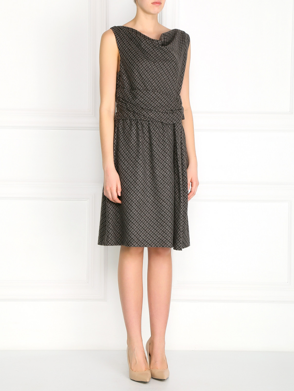 Платье из шерсти со сборкой на талии и узором "клетка" Moschino  –  Модель Общий вид  – Цвет:  Серый