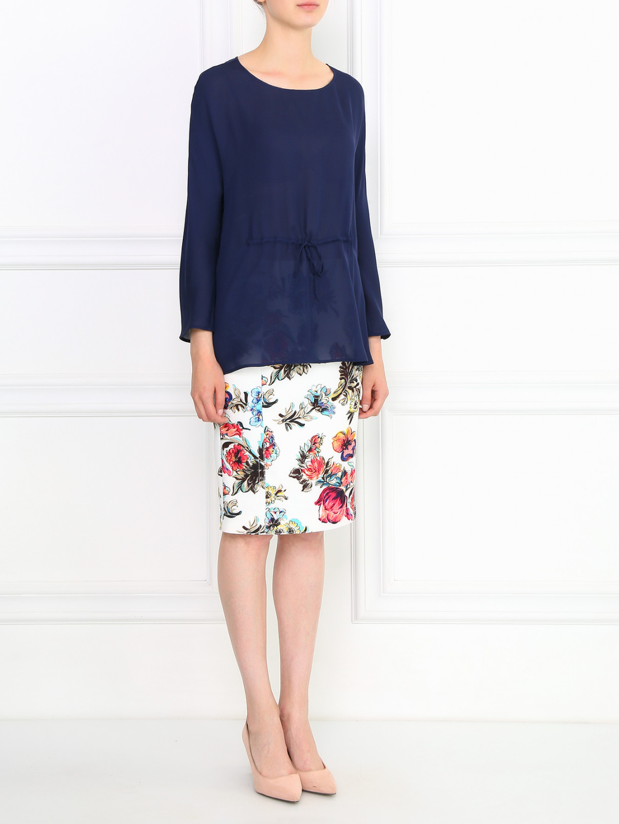Блуза из шелка с кулиской Emporio Armani  –  Модель Общий вид  – Цвет:  Синий