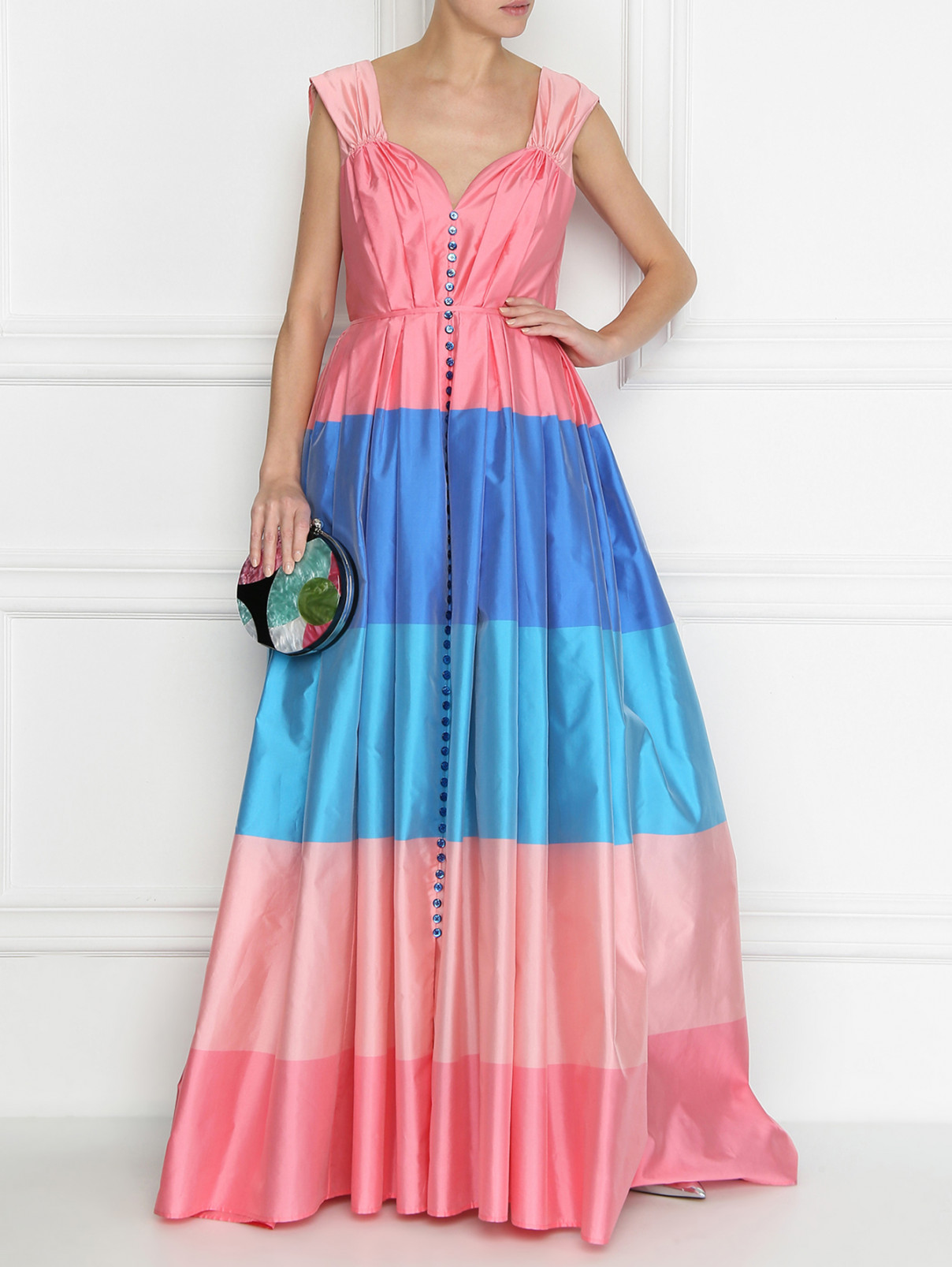 Платье-макси из шелка с пышной юбкой в полоску Carolina Herrera  –  МодельОбщийВид  – Цвет:  Розовый