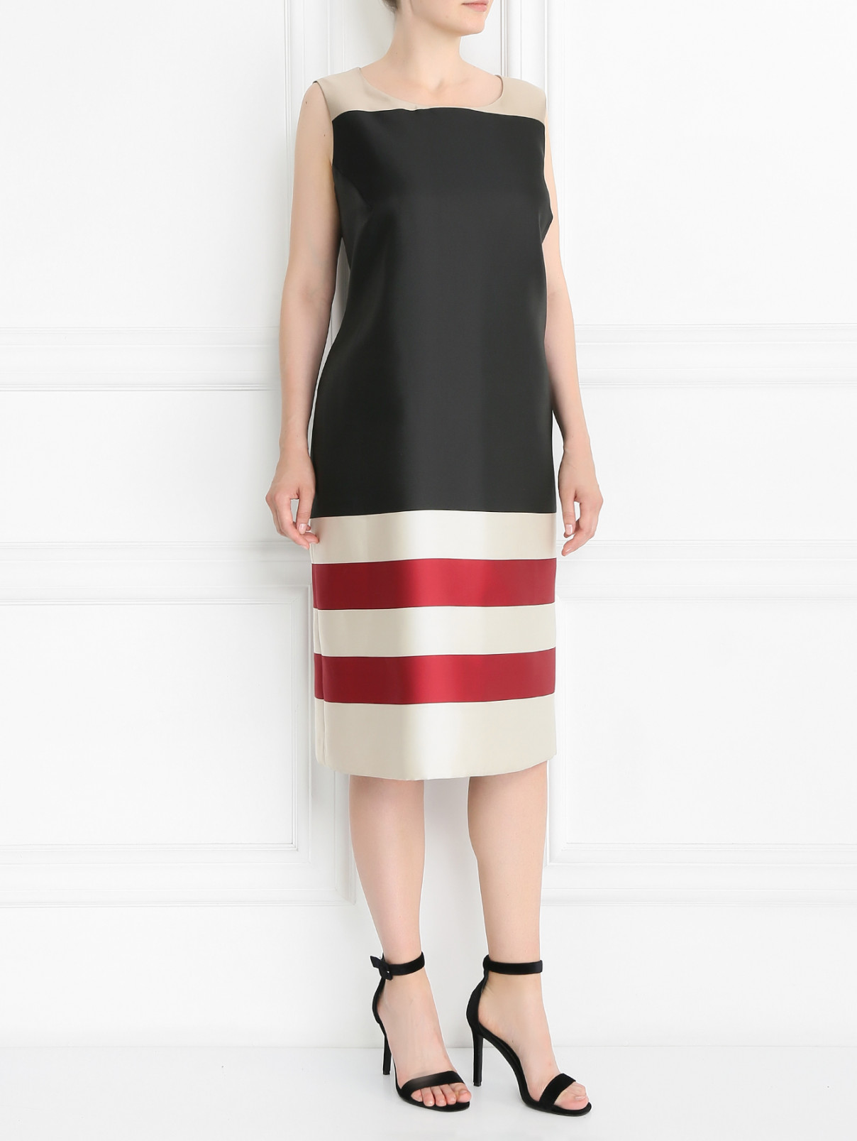 Платье прямого фасона с узором "полоска" Marina Rinaldi  –  Модель Общий вид  – Цвет:  Черный