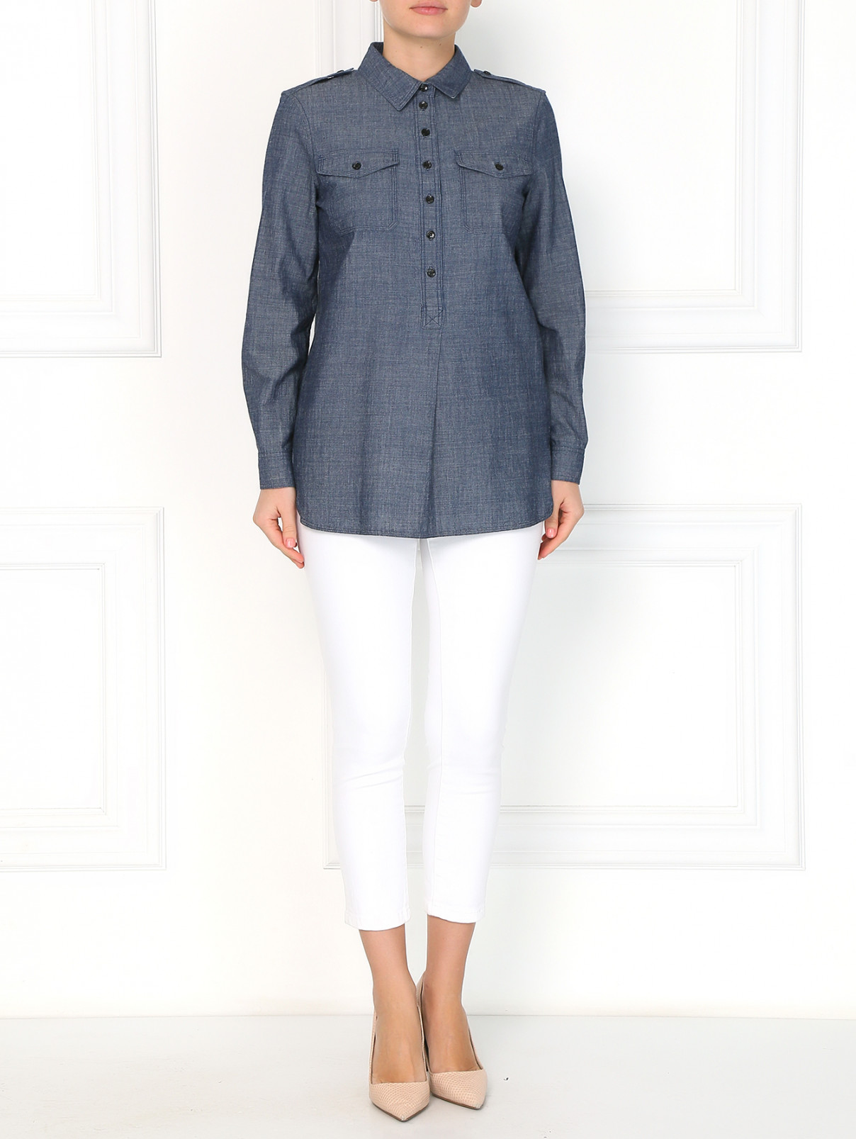 Рубашка из денима с накладными карманами Burberry  –  Модель Общий вид  – Цвет:  Синий