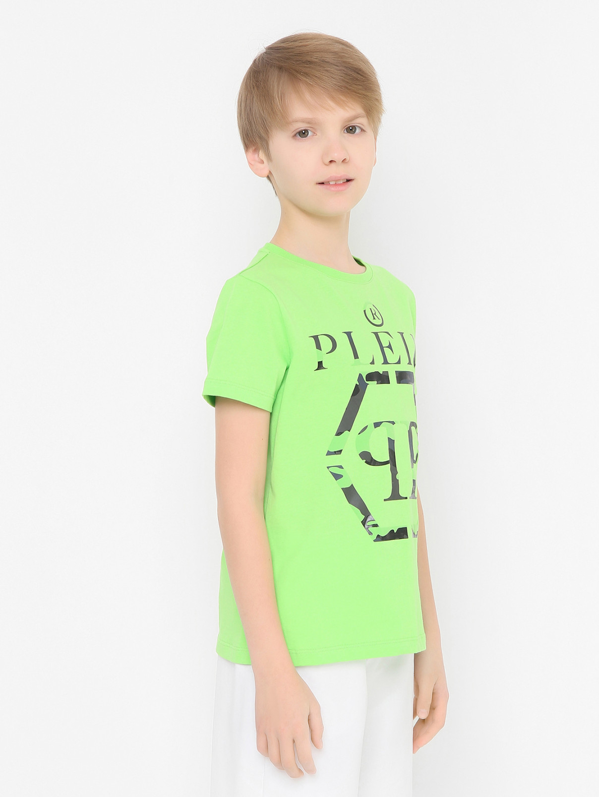 Хлопковая футболка с принтом Philipp Plein  –  МодельВерхНиз  – Цвет:  Зеленый