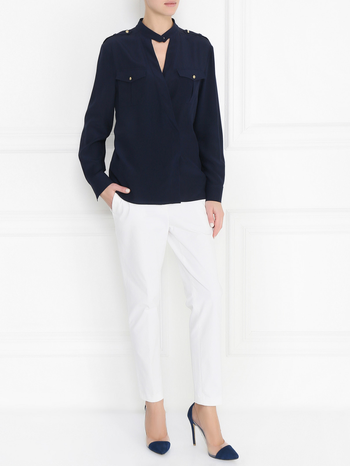 Блуза из шелка с длинным рукавом и накладными карманами Alberta Ferretti  –  Модель Общий вид  – Цвет:  Синий