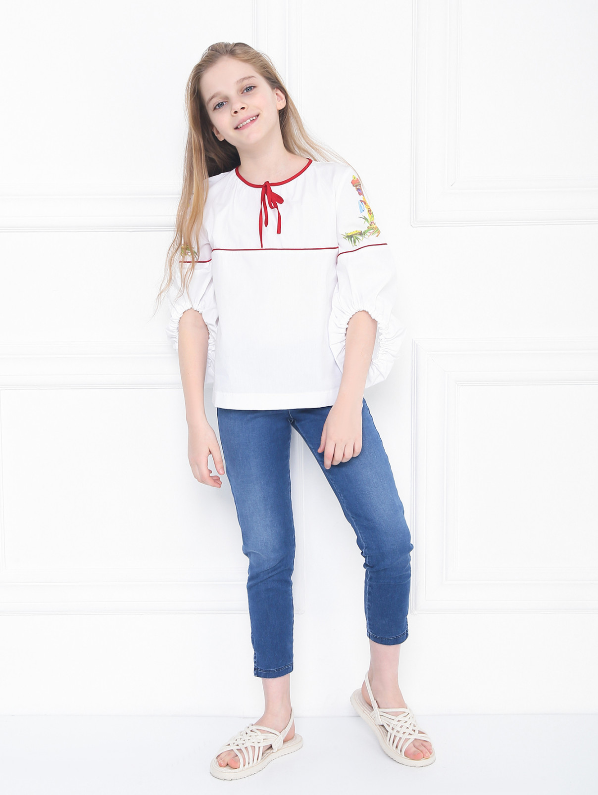 Блуза хлопковая в крестьянском стиле Stella Jean Kids  –  МодельОбщийВид  – Цвет:  Белый