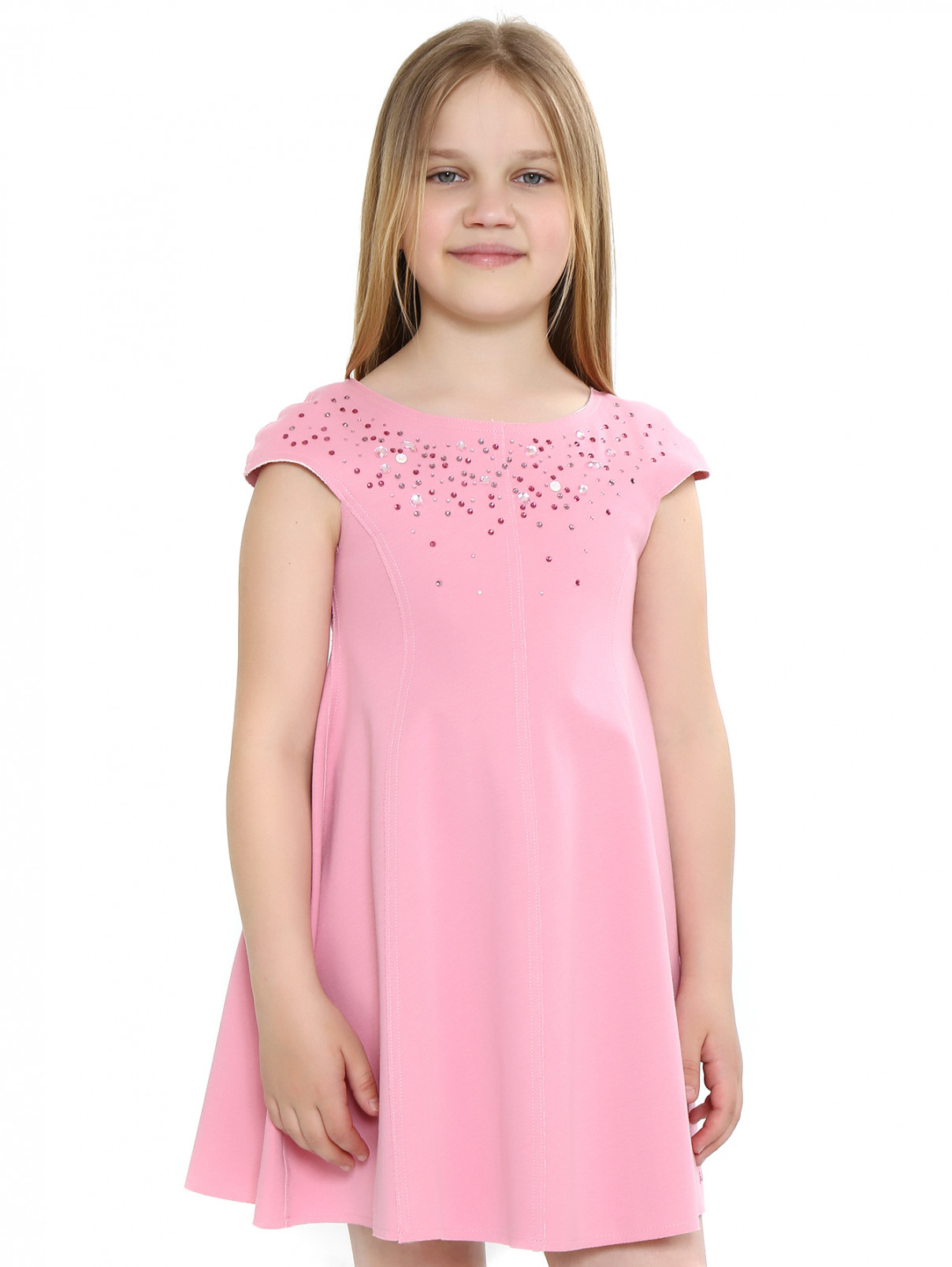 Платье из хлопка с отделкой кристаллами MiMiSol  –  Модель Верх-Низ  – Цвет:  Розовый