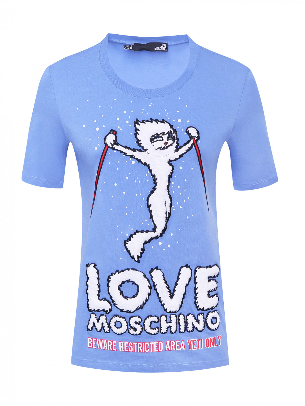 Футболка с принтом и объемной вышивкой Love Moschino  –  Общий вид  – Цвет:  Синий