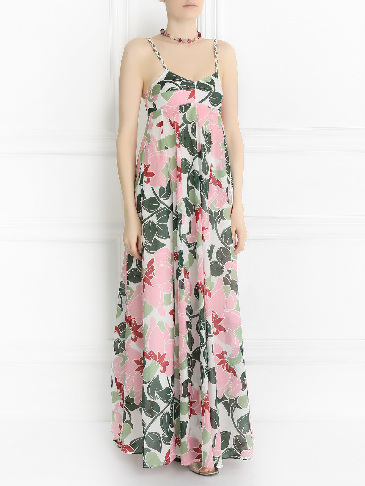 Платье-макси из хлопка с цветочным узором Max&Co  –  Модель Общий вид  – Цвет:  Белый