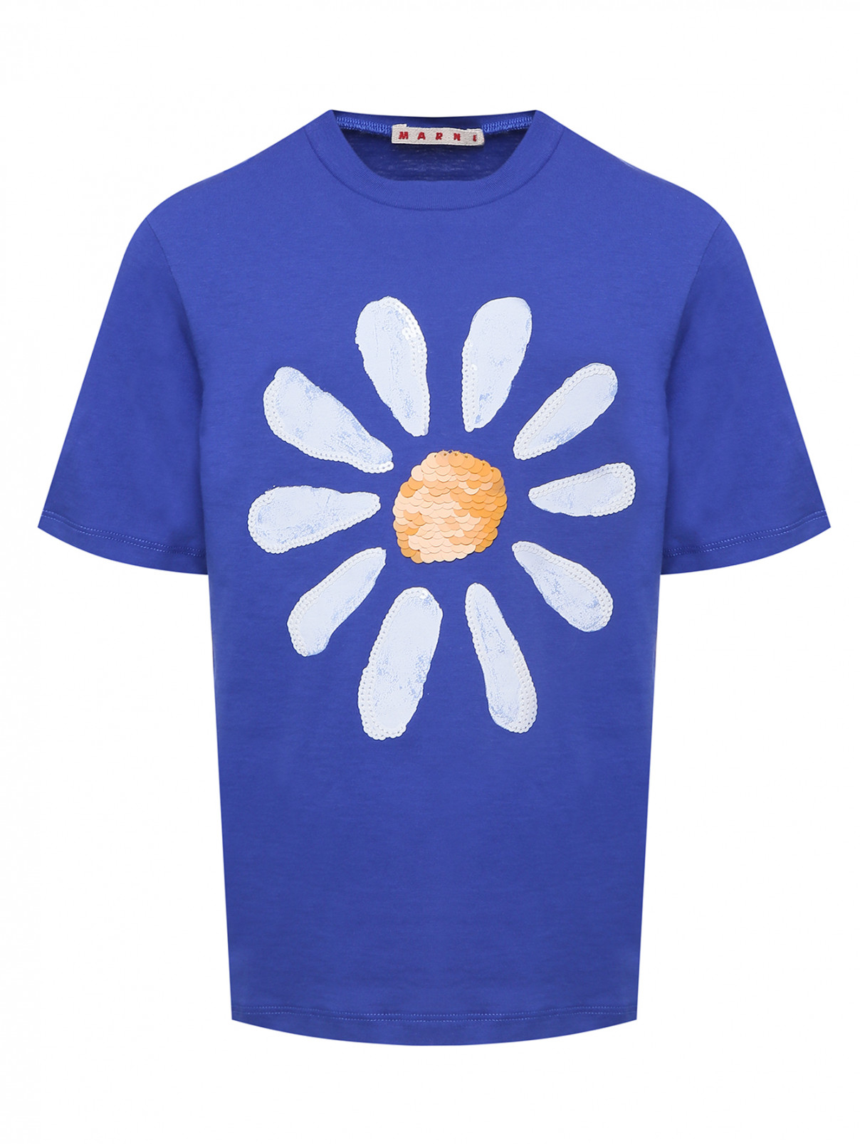 Хлопковая футболка с пайетками Marni  –  Общий вид  – Цвет:  Синий