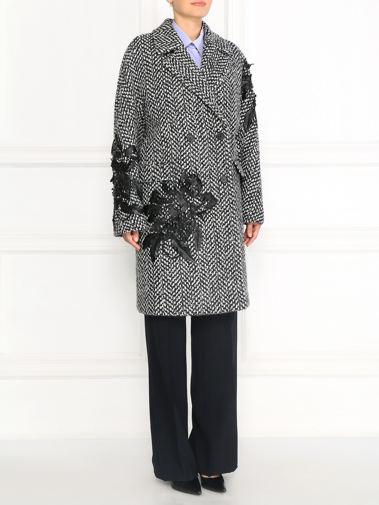 Пальто свободного кроя из шерсти декорированное вышивкой Ermanno Scervino  –  Модель Общий вид  – Цвет:  Узор