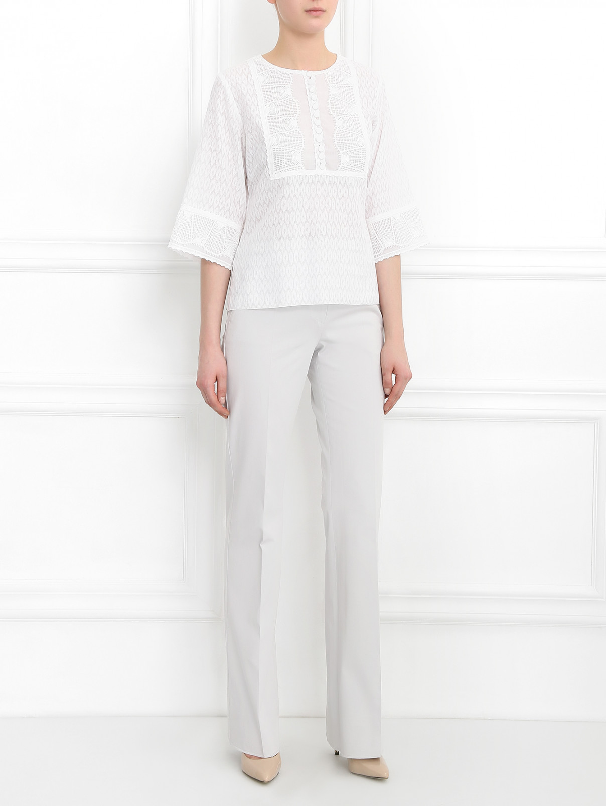 Блуза из хлопка с кружевными вставками Andrew GN  –  Модель Общий вид  – Цвет:  Белый