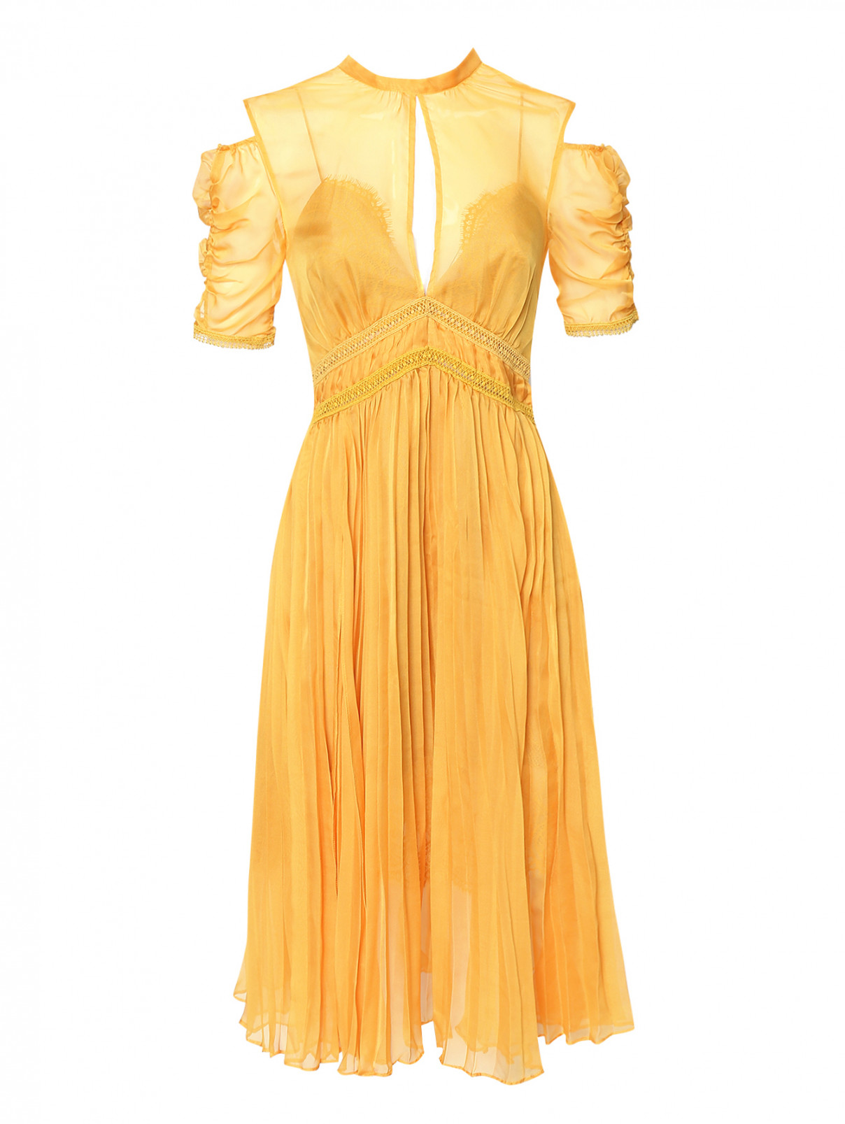 Платье из полупрозрачной ткани с плиссированной юбкой Self-Portrait  –  Общий вид  – Цвет:  Желтый