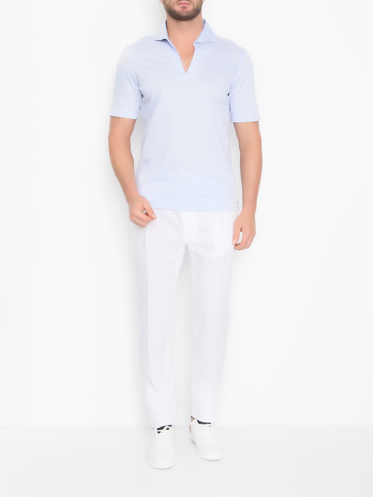 Рубашка изо льна и хлопка с короткими рукавами Giampaolo  –  МодельОбщийВид  – Цвет:  Синий