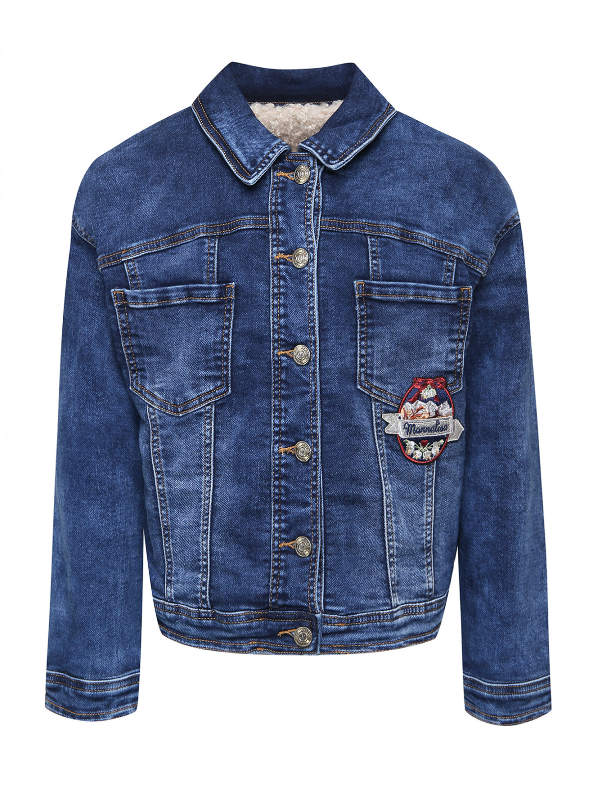 Утепленная джинсовая куртка с аппликацией MONNALISA  –  Общий вид  – Цвет:  Синий