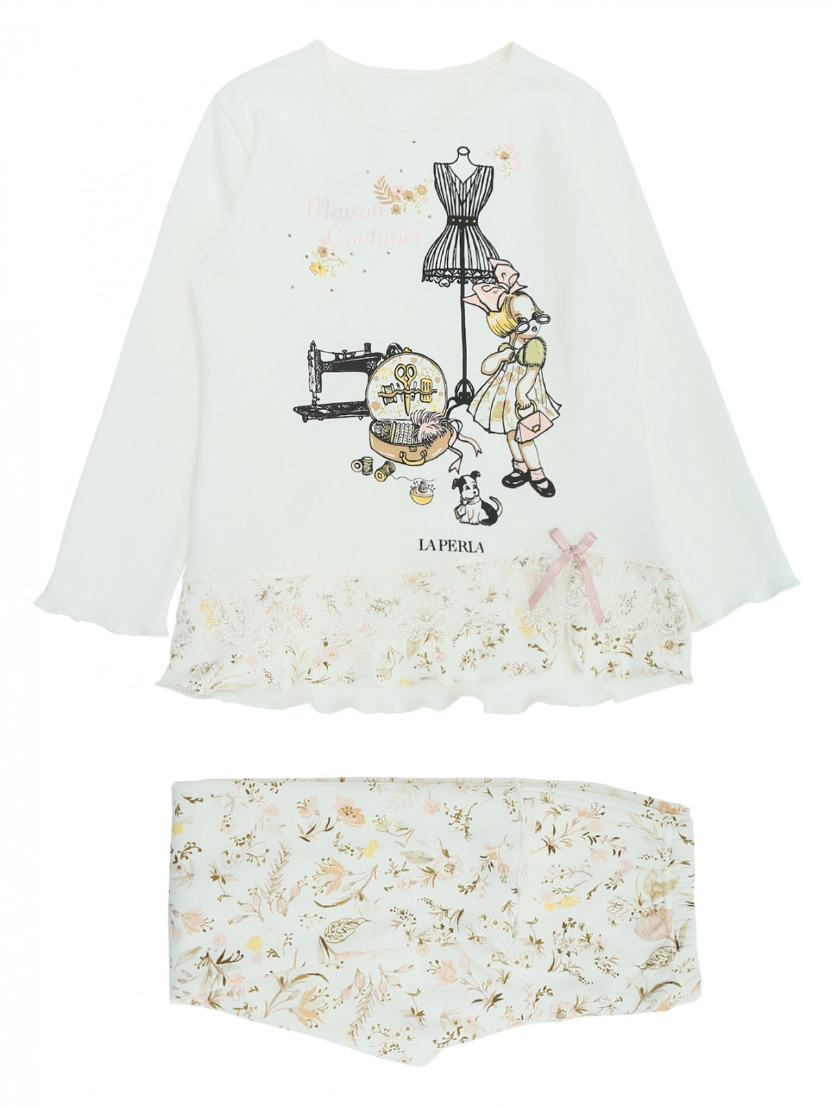 Пижама трикотажная с узором La Perla  –  Общий вид  – Цвет:  Белый