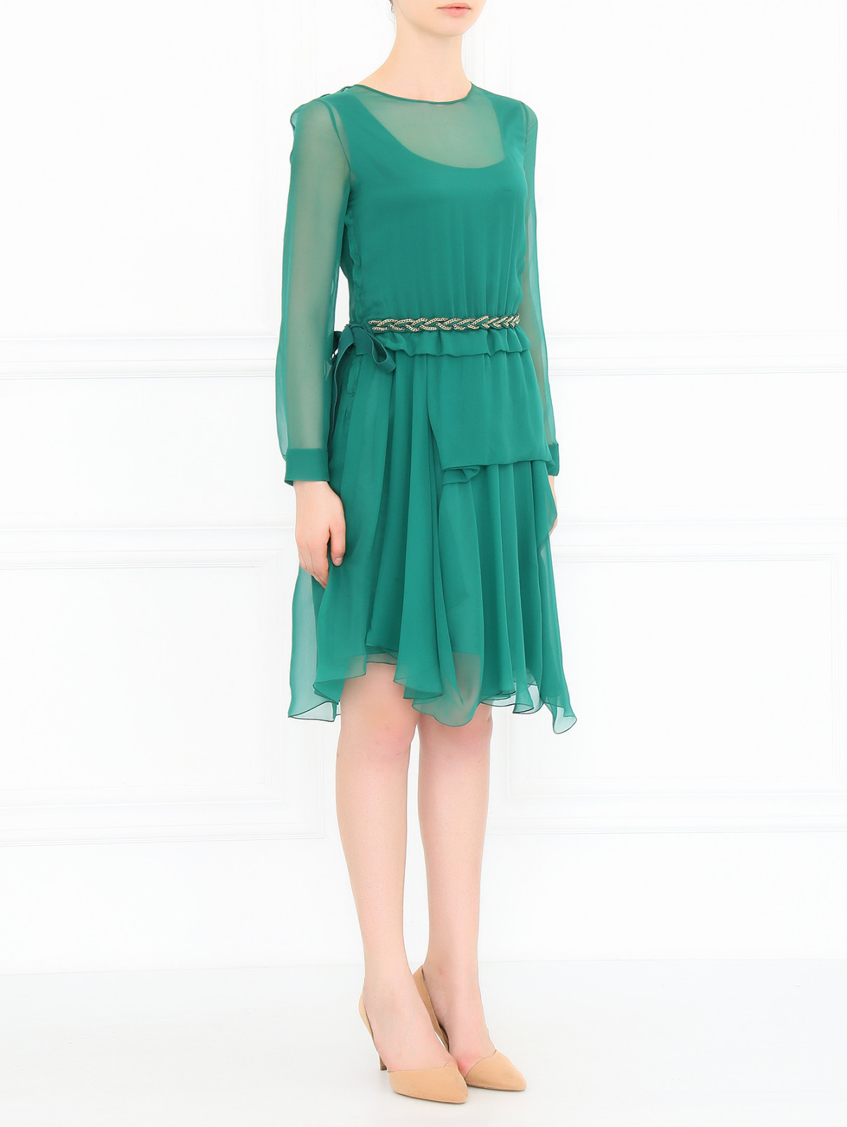 Платье из шелка с декоративным ремнем Alberta Ferretti  –  Модель Общий вид  – Цвет:  Зеленый
