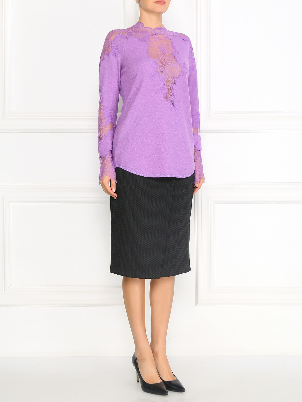 Джемпер из шерсти и шелка с отделкой из кружева Ermanno Scervino  –  Модель Общий вид  – Цвет:  Фиолетовый